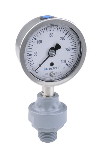 CPVC Mini Tuff Guard Isolator with Ashcroft 1008s Gauge, 1/2" Inlet, 0-30 PSI, All Stainless, 2.5% Accuracy - Image 1