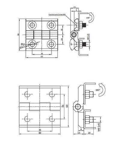 Stainless Steel Countersunk Screw-On Hinge M8, Non Lift Off, Black/Chrome - Image 2