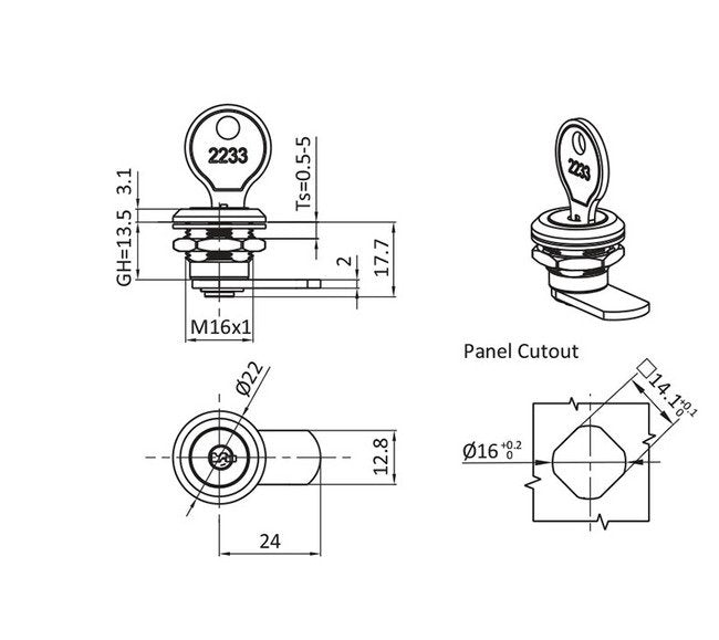 Keyed Quarter Turn Lock - Bright Chrome Plated, 13.5mm Dimension H - Image 2