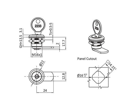19.5mm Small Keyed Quarter Turn Lock - Chrome Plated Nut Mounting - Image 2