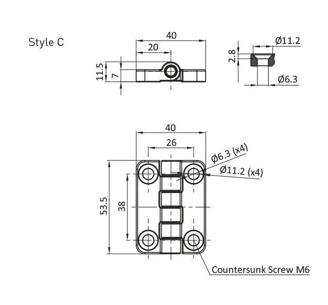 Industrial Black Powder Coated Screw-On Hinge with 4 M6 Countersunk Screw Holes - Style C - Image 2