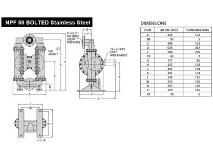 Stainless Steel 2" NPT Bolted PWR-FLOâ¢ AODD Pump with PTFE Diaphragms - Image 4