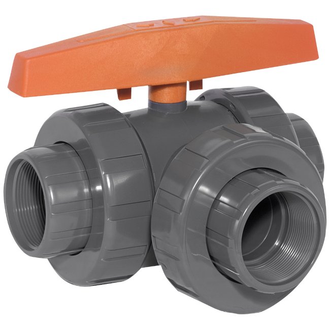 3" PVC 3-Way Lateral Union Ball Valve w/ EPDM O-Rings, Threaded End Connections - Image 1