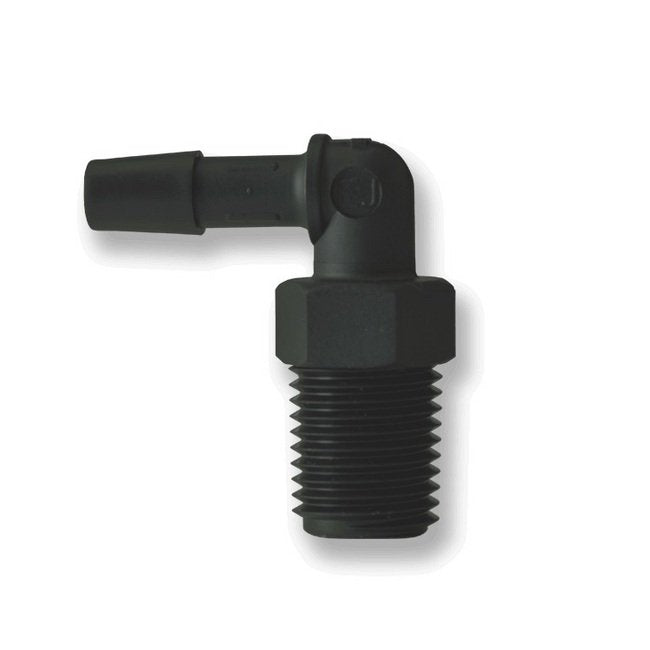 3/4" MNPT to 1/2" Barb Black Nylon Elbow Fitting - Image 1