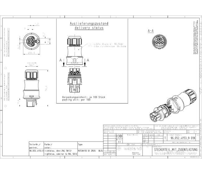 Wieland RST 20i5S Circular Connector - Male, 20A, IP69, Black/Light Blue - Image 2