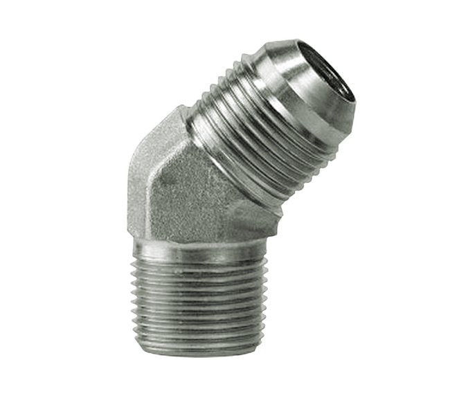 Carbon Steel 45° JIC Male x Male Elbow, 3/8 in T1 NPTF and 1/4 in T2 UNF, Series 2503 - Image 1