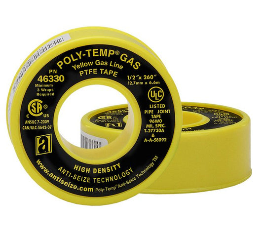 Yellow Premium PTFE Thread Seal Tape - 1/2" Width x 260" Length - Image 1