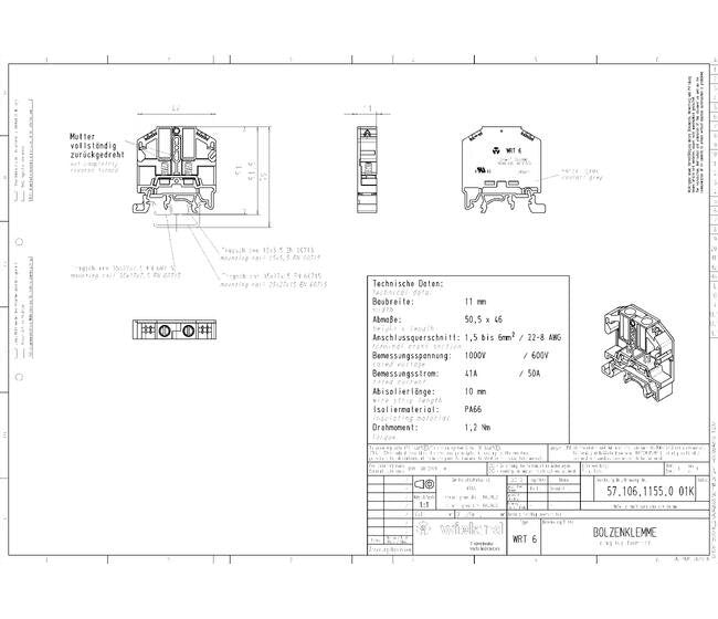 Wieland WRT 6 Stud Terminal Block for TS 35 Mounting - Image 2