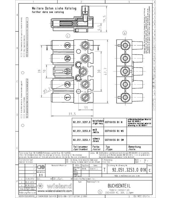 Wieland GST18I5S B1 SW Splitter - 5 Pole Female Connector, 20A, Indoor Rated - Image 2