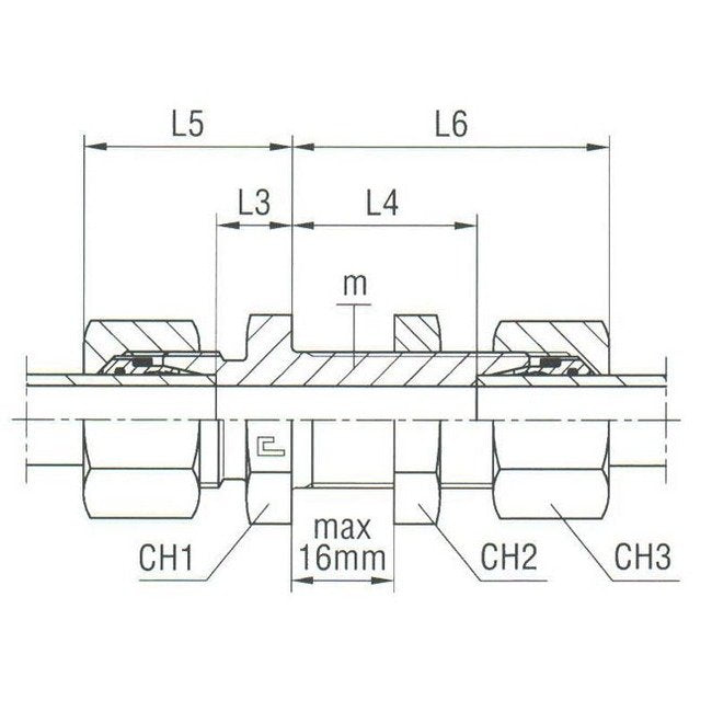 DIN 2353 Compression Bulkhead Union with B4 Ring, Carbon Steel - 18.0mm - Image 2