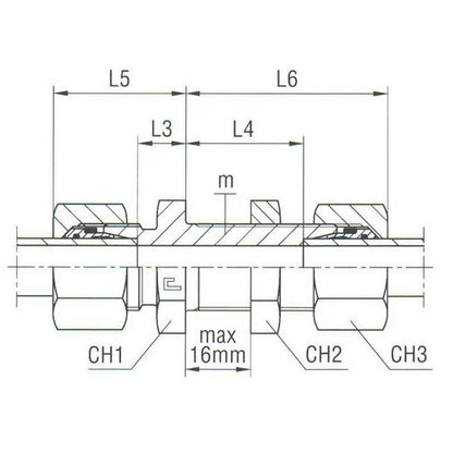 DIN 2353 Compression Bulkhead Union with B4 Ring, Carbon Steel - 18.0mm - Image 2