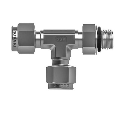 Duolok Positionable Male Run Tee - Brass, 1" Tube Fitting to 1 1/16-12 Male SAE Tee Fitting - Image 1