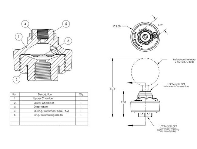 CPVC Tuff Guard Isolator - Instrument x Process Connection, Modified PTFE Diaphragm - Image 2