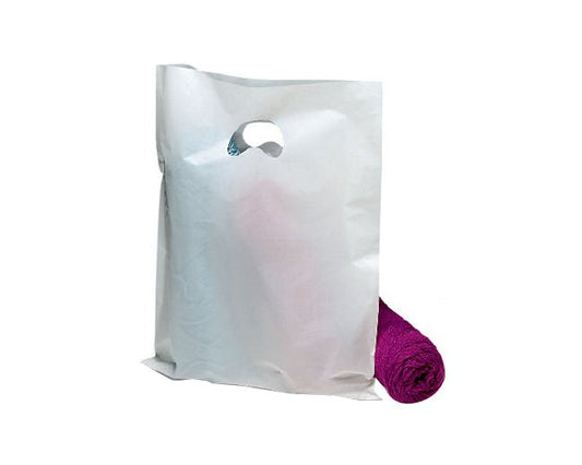 White High-Density 15-Inch Flat Merchandise Bags with Die-Cut Handle - Image 1