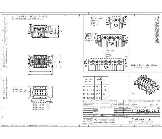 Wieland BAS STS 16 2,5 69 Industrial Connector Insert - Male 16-Pole 690V - Image 1