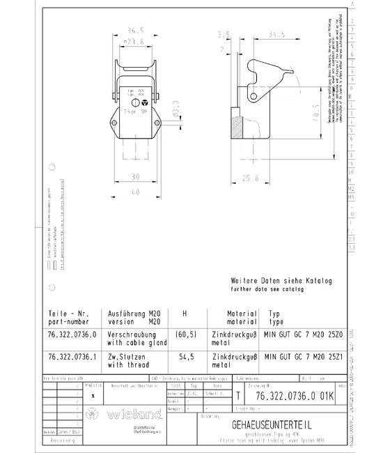 Wieland Bottom MIN GUT GC 7 M20 Multi-Pole Connector Housing - Image 1