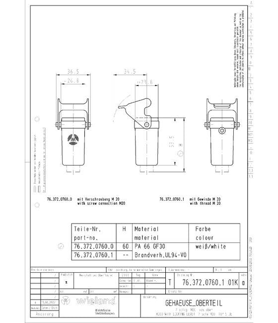 Wieland Industrial Connector Housing - Low Profile, Threaded M20, V0 Insulation Class, UV Resistant - Image 1