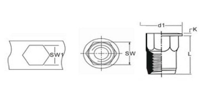 Ornit K-Series M6 Rivet Nut - Flat Head Semi-Hexagon Open End, 14.86mm L - Image 2