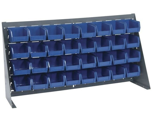 Heavy-Duty Bench Rack with 32 Blue Bins, 36-Inch Width - Image 1