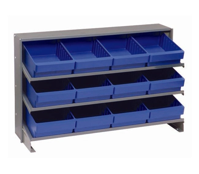 Heavy Duty Steel Shelving Unit with 12 Blue Bins - Image 1