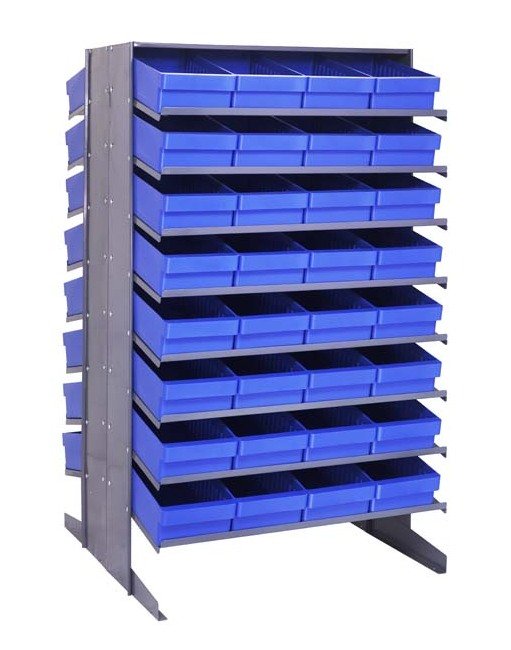 Industrial Heavy Duty Double Sided Shelving Unit with 32 Blue Bins - Image 1