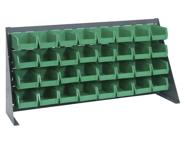 Heavy-Duty 36-Inch Bench Rack with 32 Green Bins - Image 1