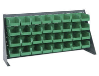 Heavy-Duty 36-Inch Bench Rack with 32 Green Bins