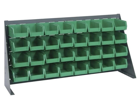 Heavy-Duty 36-Inch Bench Rack with 32 Green Bins - Image 1