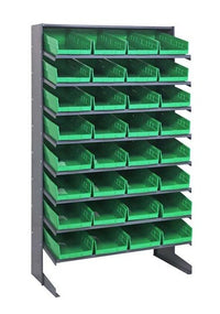 Heavy Duty Shelving with Single Sided Pick Rack and 32 Green Bins