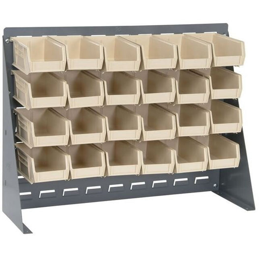 Material Handling Bench Rack with 24 Ivory Bins - 27-Inch Width - Image 1