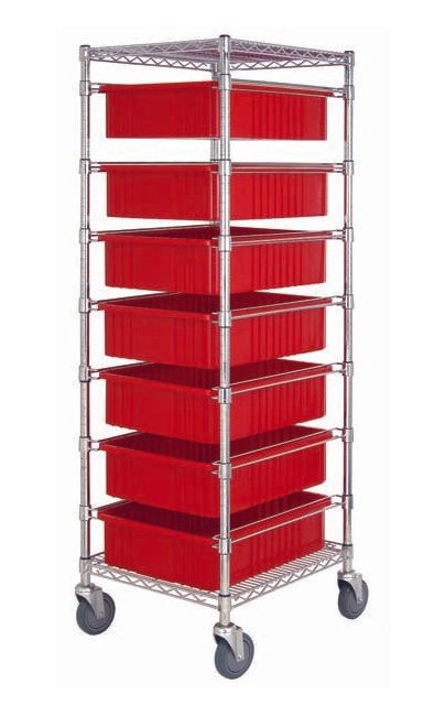 Industrial Wire Bin Cart with 7 Red Bins - Image 1