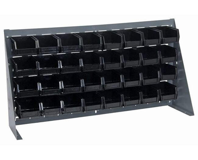 Industrial Grade Bench Rack with 32 Black Bins - Image 1
