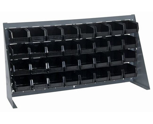 Industrial Grade Bench Rack with 32 Black Bins - Image 1