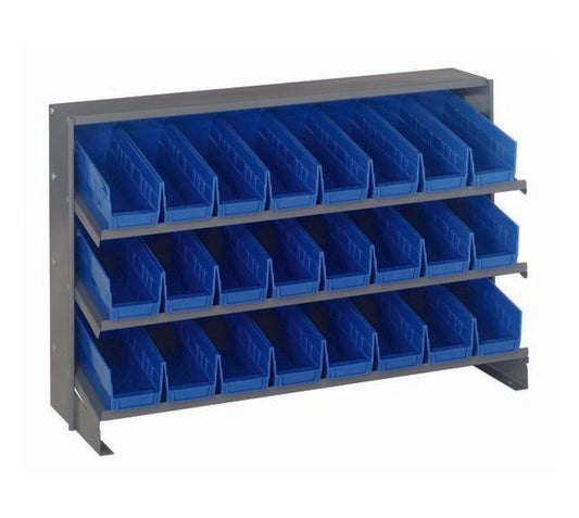 Heavy Duty Shelving Unit with Bench Pick Rack and 24 Blue Bins - Image 1