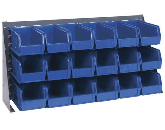 Heavy-Duty Bench Rack with 18 Blue Bins, 36-Inch Width - Image 1