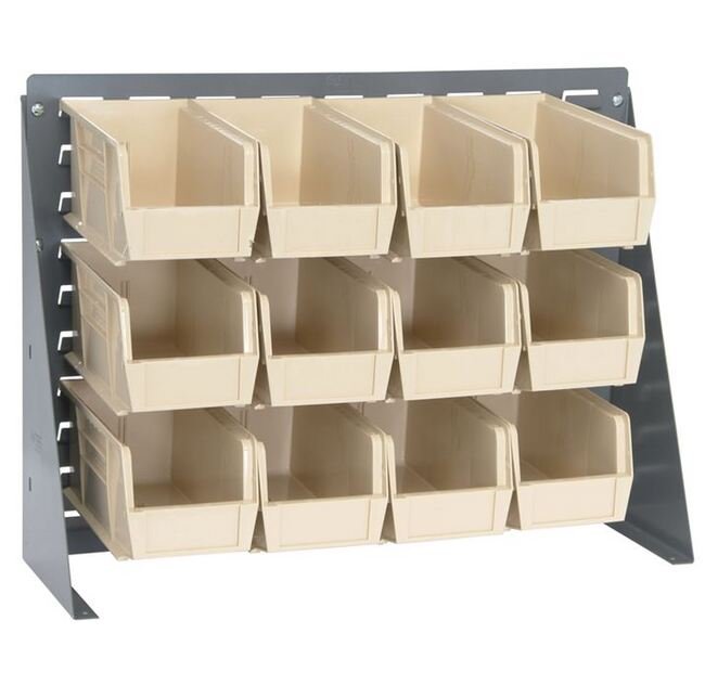 Material Handling Bench Rack with 12 Ivory Bins - 27 Inches Wide - Image 1