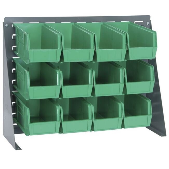 Heavy-Duty Bench Rack with 12 Green Bins - 27-Inch Width - Image 1
