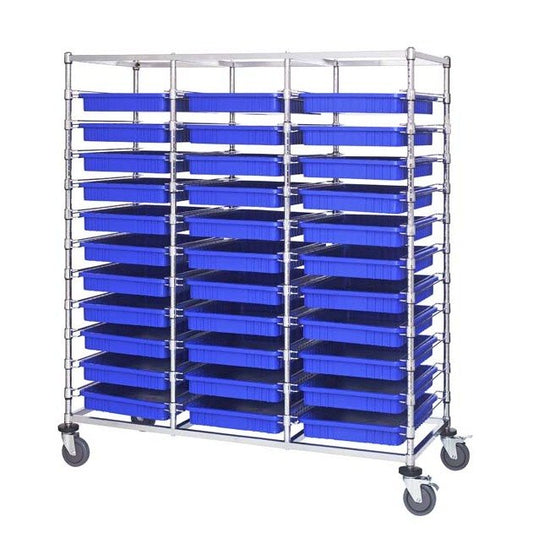 Triple Bay Bin Cart with Dividable Grids in Blue - Image 1