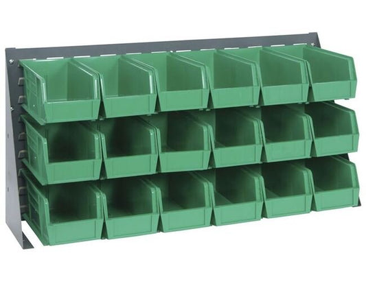 Industrial Storage Bench Rack with 18 Green Bins - 36-Inch Width - Image 1