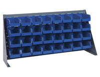 Heavy-Duty 36-Inch Bench Rack with 32 Durable Blue Bins