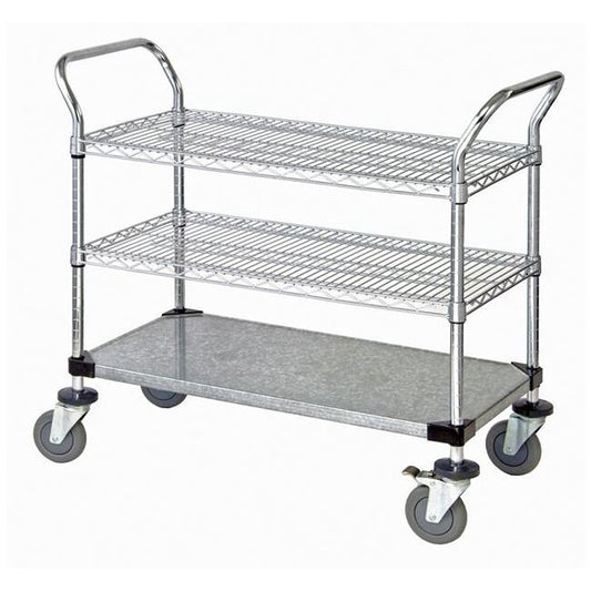 Chrome Wire & Solid Galvanized Utility Cart with 3 Shelves - Image 1