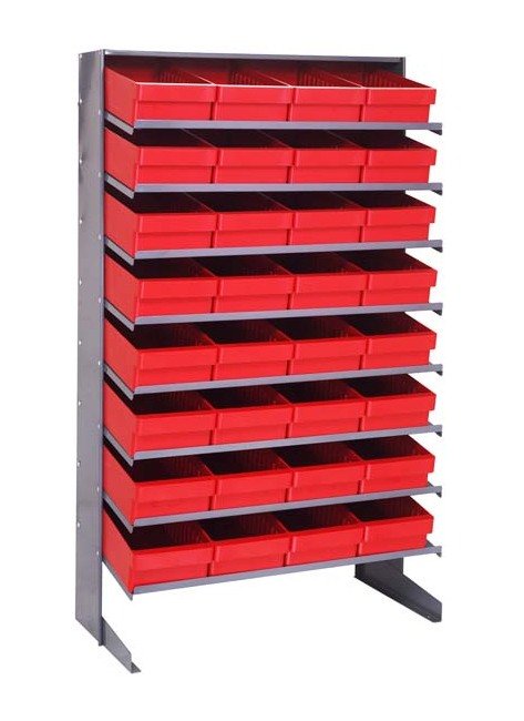 Heavy Duty Steel Shelving Unit with 32 Red Bins - Image 1