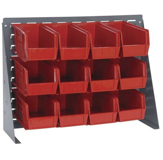Heavy-Duty Bench Rack with 12 Red Storage Bins, 27-Inch Width - Image 1