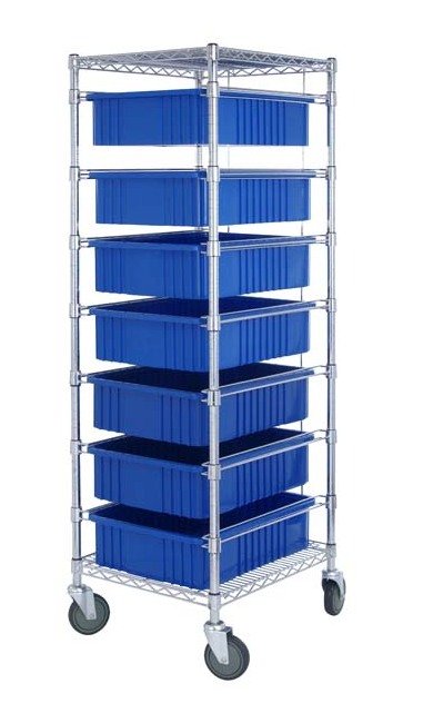 Heavy-Duty Wire Bin Cart with 7 Blue Storage Bins - Image 1