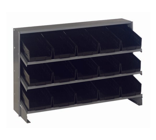 Industrial Heavy Duty Shelving Unit with Bench Pick Rack and 15 Black Bins - Image 1