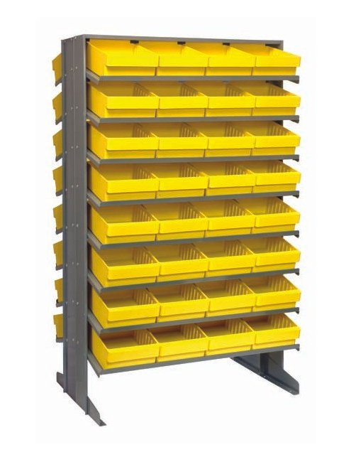 Industrial Double-Sided Heavy Duty Shelving with 64 Yellow Bins - Image 1