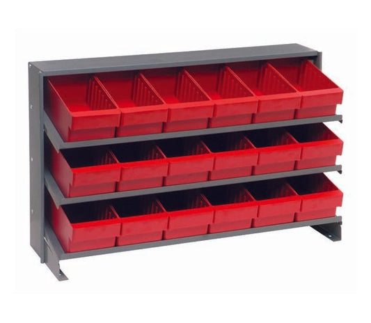 Heavy Duty Steel Shelving Unit with 18 Red Bins - Image 1