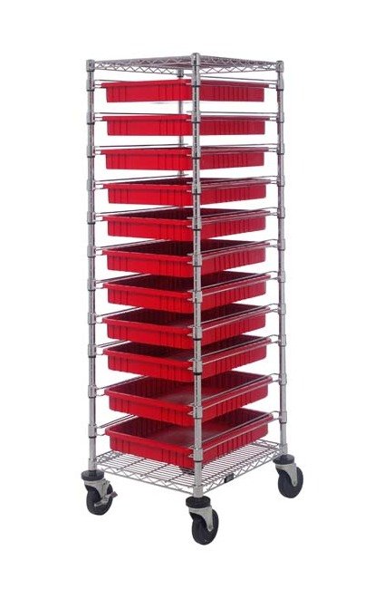 Heavy-Duty Wire Bin Cart with 11 Red Bins - Image 1