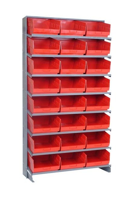Heavy Duty Steel Shelving Unit with 24 Red Storage Bins - Image 1