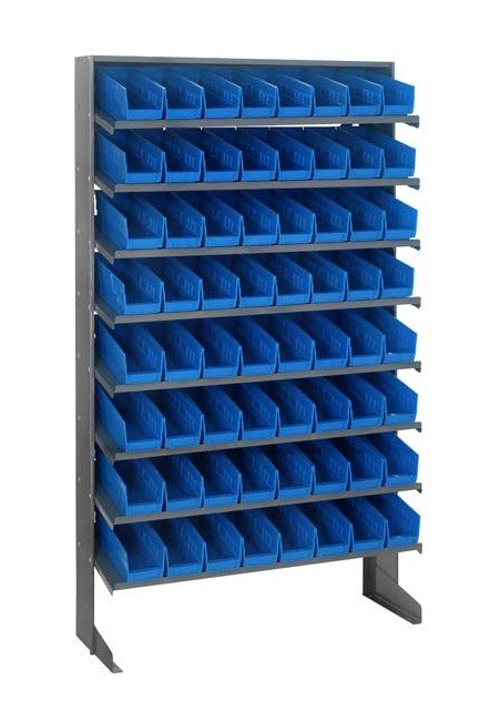 Industrial Grade Steel Shelving Unit with 64 Blue Bins - Image 1